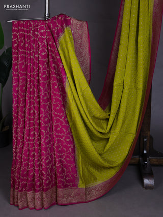 Banarasi crepe partly saree lime green and pink with allover thread & zari woven buttas and woven border