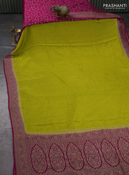 Banarasi crepe partly saree lime green and pink with allover thread & zari woven buttas and woven border