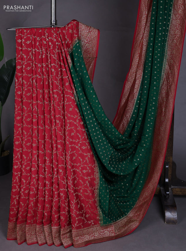 Banarasi crepe partly saree bottle green and red with allover thread & zari woven buttas and woven border