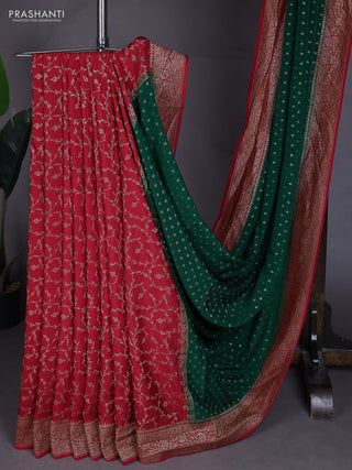 Banarasi crepe partly saree bottle green and red with allover thread & zari woven buttas and woven border