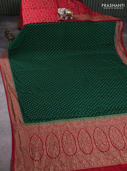 Banarasi crepe partly saree bottle green and red with allover thread & zari woven buttas and woven border