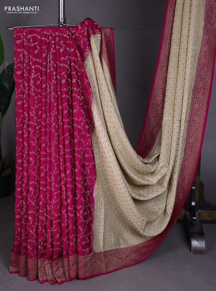 Banarasi crepe partly saree beige and pink with allover thread & zari woven buttas and woven border