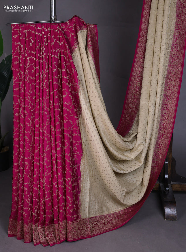 Banarasi crepe partly saree beige and pink with allover thread & zari woven buttas and woven border