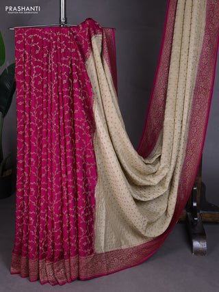 Banarasi crepe partly saree beige and pink with allover thread & zari woven buttas and woven border