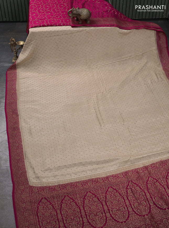 Banarasi crepe partly saree beige and pink with allover thread & zari woven buttas and woven border