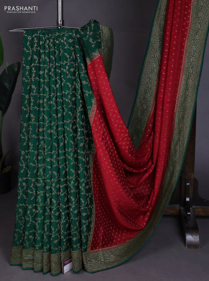 Banarasi crepe partly saree red and bottle green with allover thread & zari woven buttas and woven border