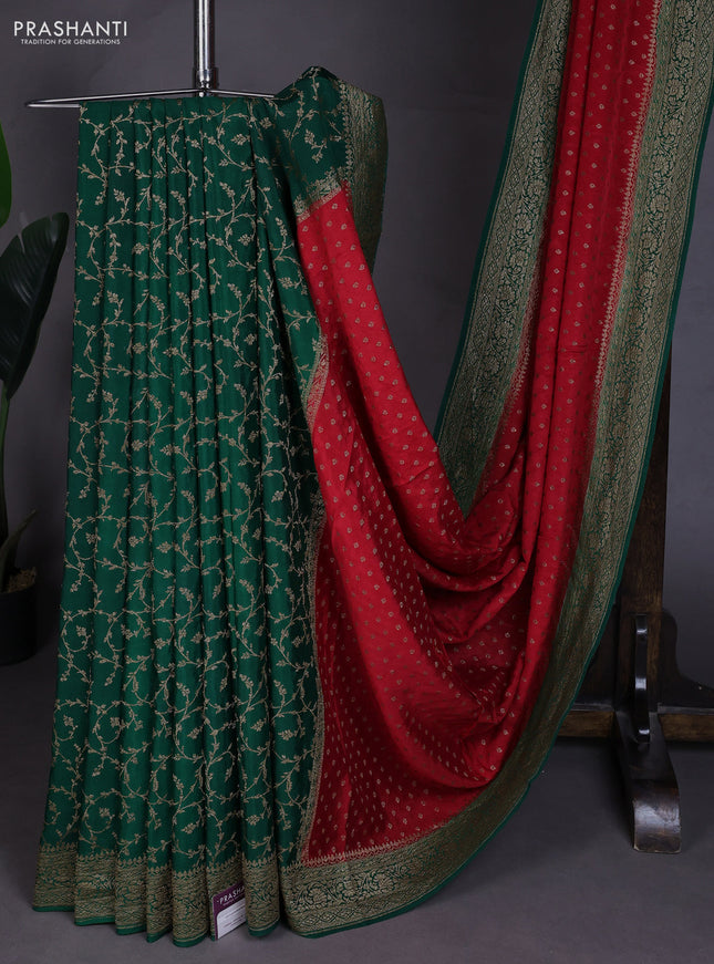 Banarasi crepe partly saree red and bottle green with allover thread & zari woven buttas and woven border