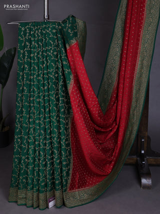 Banarasi crepe partly saree red and bottle green with allover thread & zari woven buttas and woven border