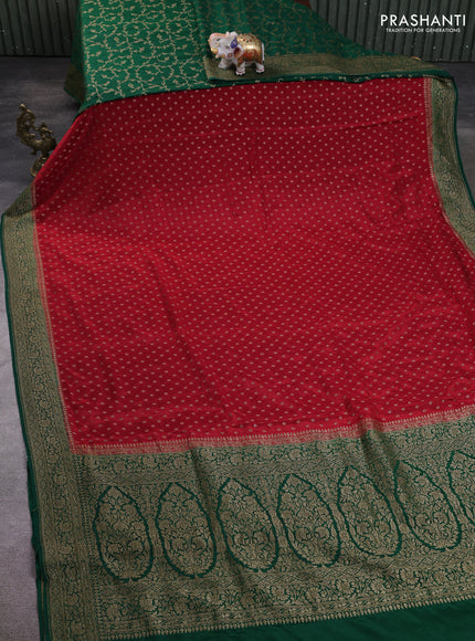 Banarasi crepe partly saree red and bottle green with allover thread & zari woven buttas and woven border