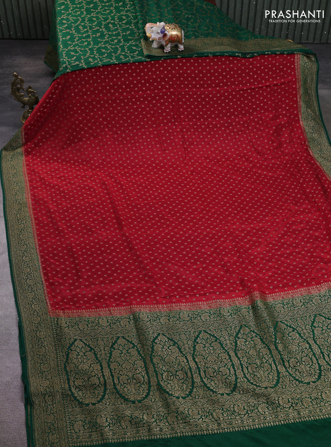 Banarasi crepe partly saree red and bottle green with allover thread & zari woven buttas and woven border