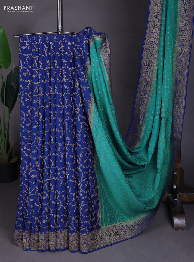 Banarasi crepe partly saree teal blue and blue with allover thread & zari woven buttas and woven border