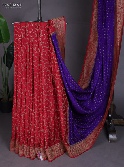 Banarasi crepe partly saree violet and red with allover thread & zari woven buttas and woven border