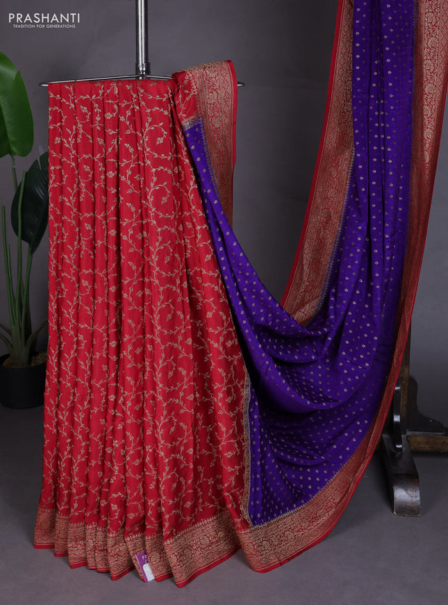 Banarasi crepe partly saree violet and red with allover thread & zari woven buttas and woven border