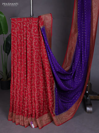 Banarasi crepe partly saree violet and red with allover thread & zari woven buttas and woven border