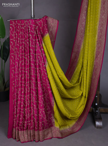 Banarasi crepe partly saree lime yellow and pink with allover thread & zari woven buttas and woven border