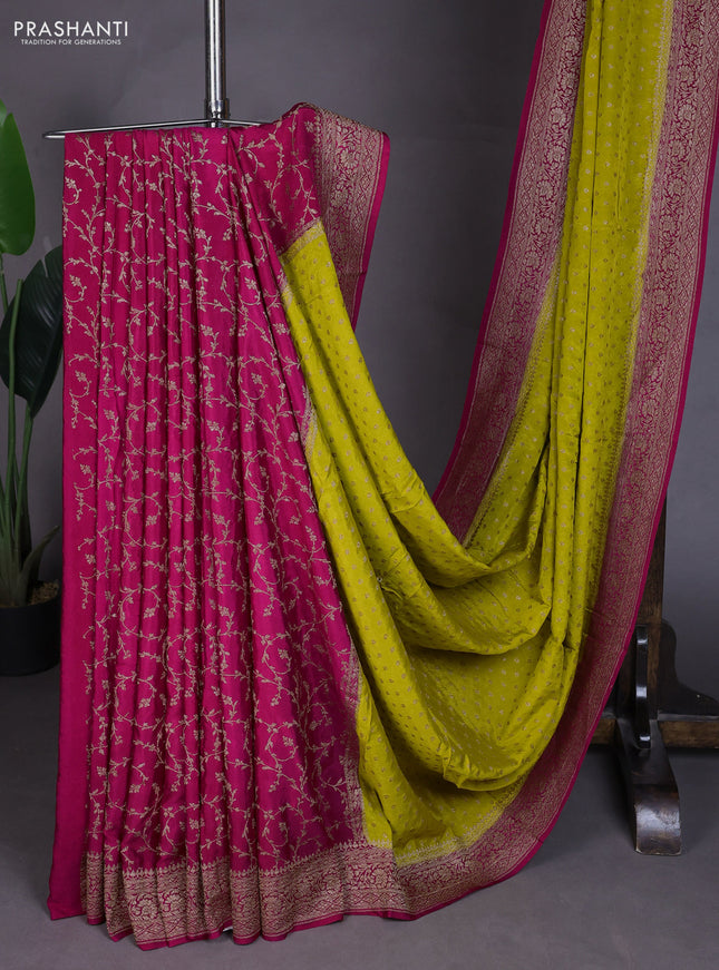 Banarasi crepe partly saree lime yellow and pink with allover thread & zari woven buttas and woven border