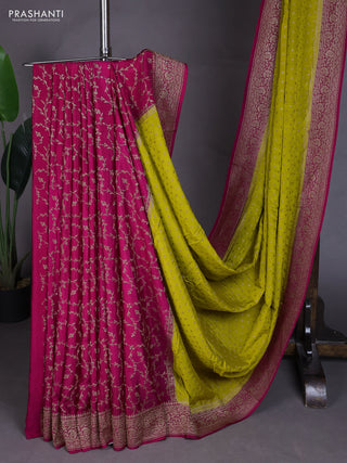 Banarasi crepe partly saree lime yellow and pink with allover thread & zari woven buttas and woven border