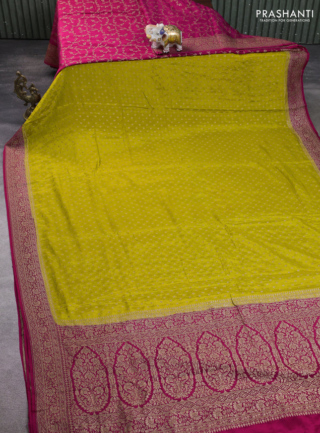 Banarasi crepe partly saree lime yellow and pink with allover thread & zari woven buttas and woven border