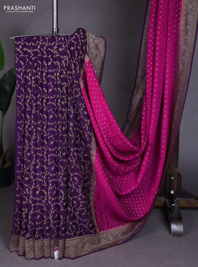 Banarasi crepe partly saree pink and purple with allover thread & zari woven buttas and woven border