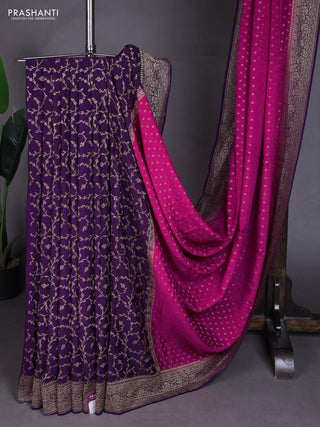 Banarasi crepe partly saree pink and purple with allover thread & zari woven buttas and woven border