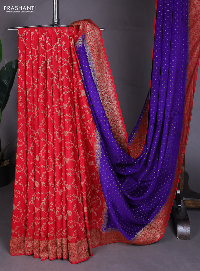 Banarasi crepe partly saree violet and red with allover thread & zari woven buttas and woven border