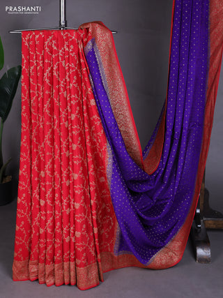 Banarasi crepe partly saree violet and red with allover thread & zari woven buttas and woven border
