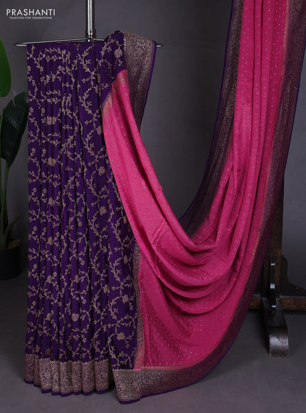 Banarasi crepe partly saree peach pink and violet with allover thread & zari woven buttas and woven border