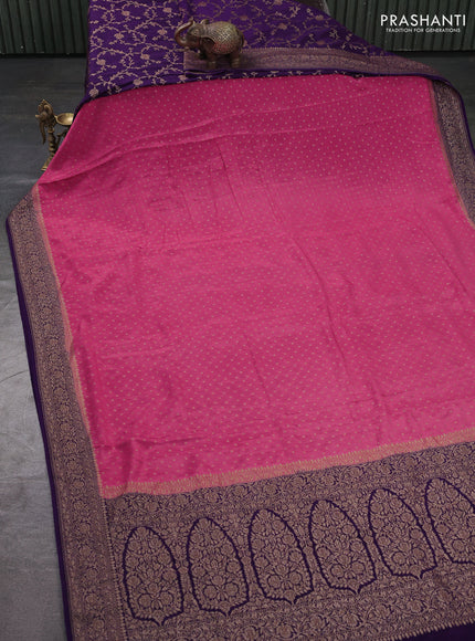 Banarasi crepe partly saree peach pink and violet with allover thread & zari woven buttas and woven border