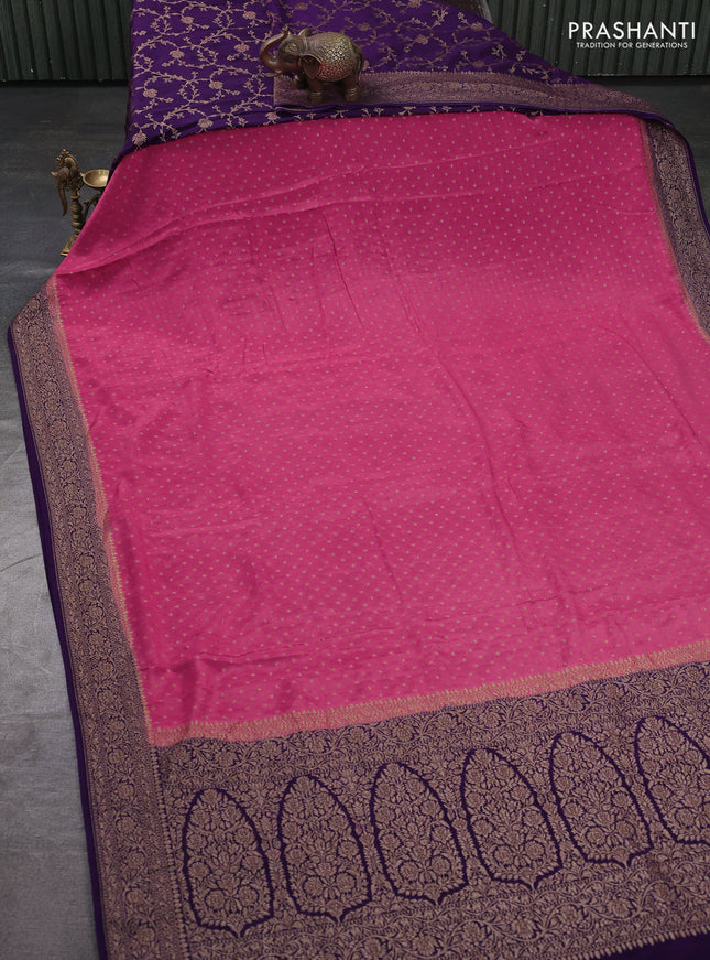 Banarasi crepe partly saree peach pink and violet with allover thread & zari woven buttas and woven border