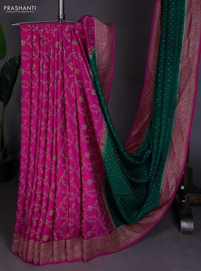 Banarasi crepe partly saree green and pink with allover thread & zari woven buttas and woven border
