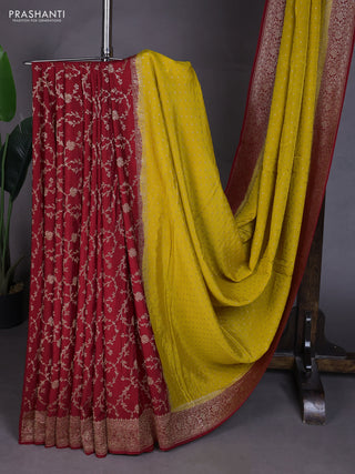 Banarasi crepe partly saree mustard yellow and red with allover thread & zari woven buttas and woven border