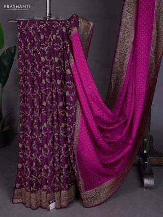 Banarasi crepe partly saree magenta pink and wine shade with allover thread & zari woven buttas and woven border