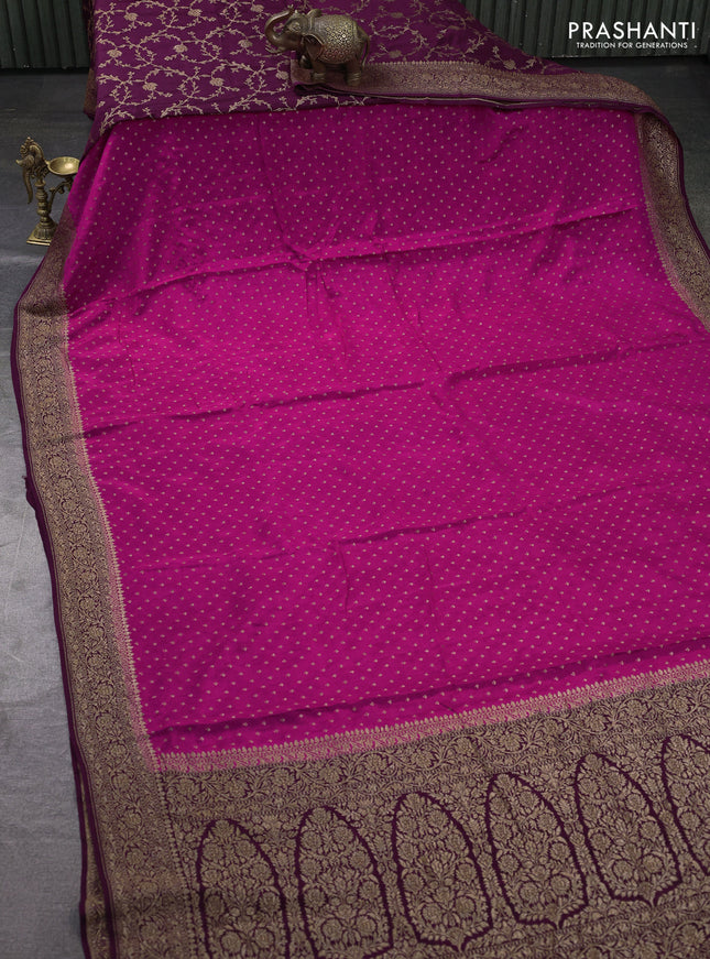 Banarasi crepe partly saree magenta pink and wine shade with allover thread & zari woven buttas and woven border