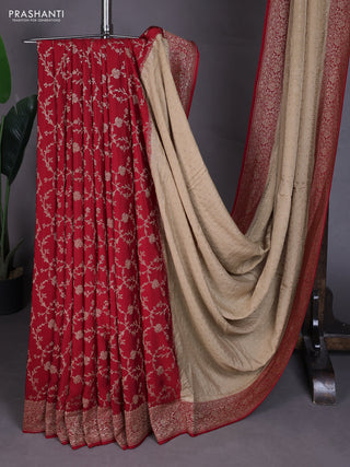 Banarasi crepe partly saree sandal and red with allover thread & zari woven buttas and woven border