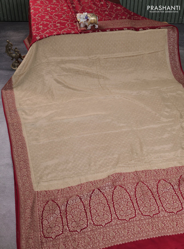 Banarasi crepe partly saree sandal and red with allover thread & zari woven buttas and woven border