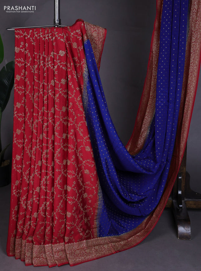 Banarasi crepe partly saree blue and red with allover thread & zari woven buttas and woven border