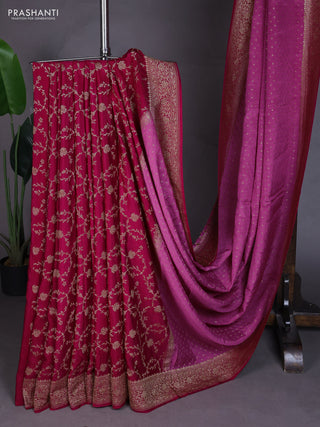 Banarasi crepe partly saree mauve pink and dark pink with allover thread & zari woven buttas and woven border