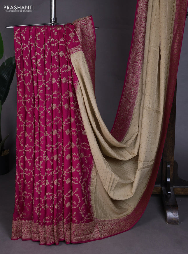 Banarasi crepe partly saree beige and pink with allover thread & zari woven buttas and woven border