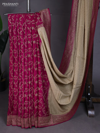 Banarasi crepe partly saree beige and pink with allover thread & zari woven buttas and woven border