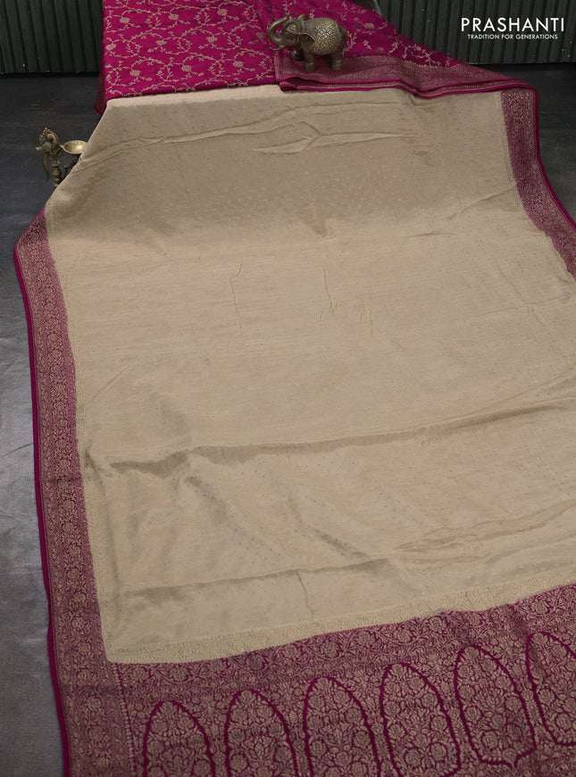 Banarasi crepe partly saree beige and pink with allover thread & zari woven buttas and woven border