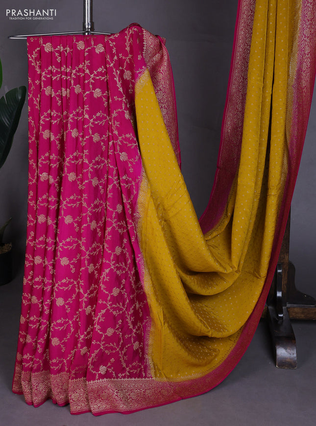 Banarasi crepe partly saree mustard yellow and pink with allover thread & zari woven buttas and woven border