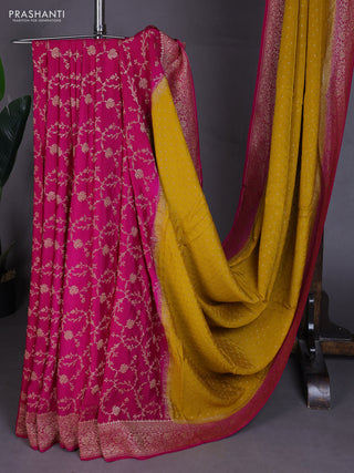 Banarasi crepe partly saree mustard yellow and pink with allover thread & zari woven buttas and woven border