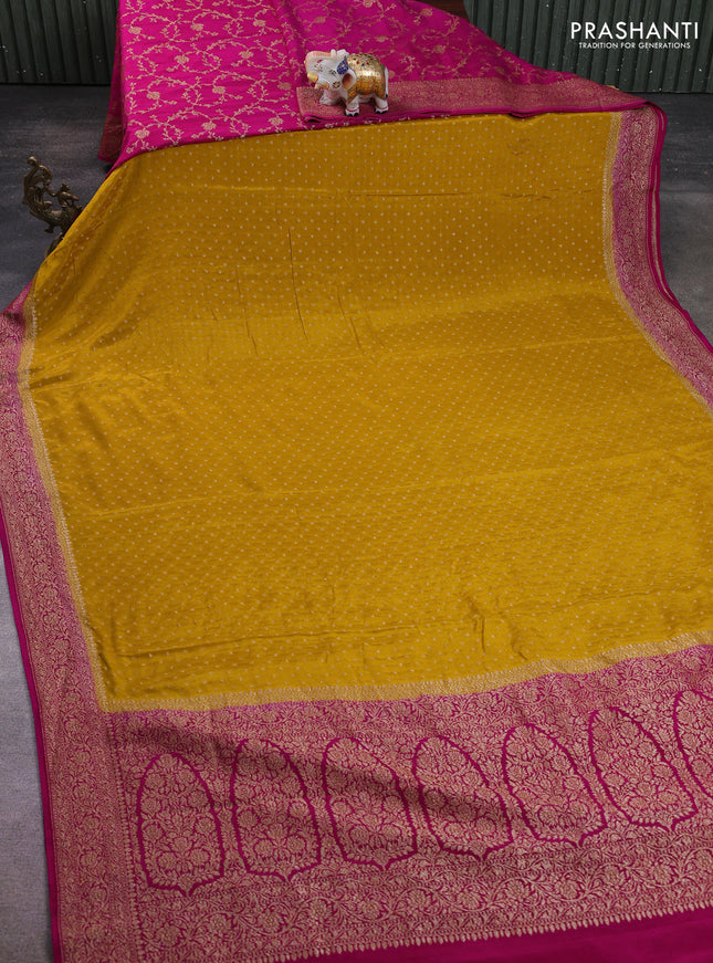 Banarasi crepe partly saree mustard yellow and pink with allover thread & zari woven buttas and woven border