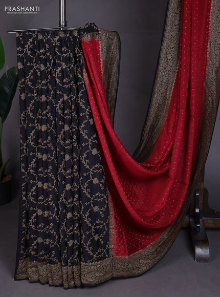 Banarasi crepe partly saree red and black with allover thread & zari woven buttas and woven border