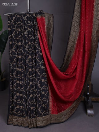Banarasi crepe partly saree red and black with allover thread & zari woven buttas and woven border