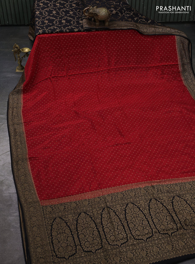 Banarasi crepe partly saree red and black with allover thread & zari woven buttas and woven border