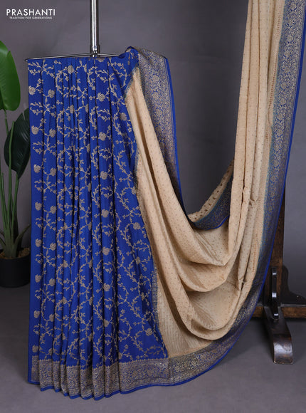 Banarasi crepe partly saree beige and blue with allover thread & zari woven buttas and woven border