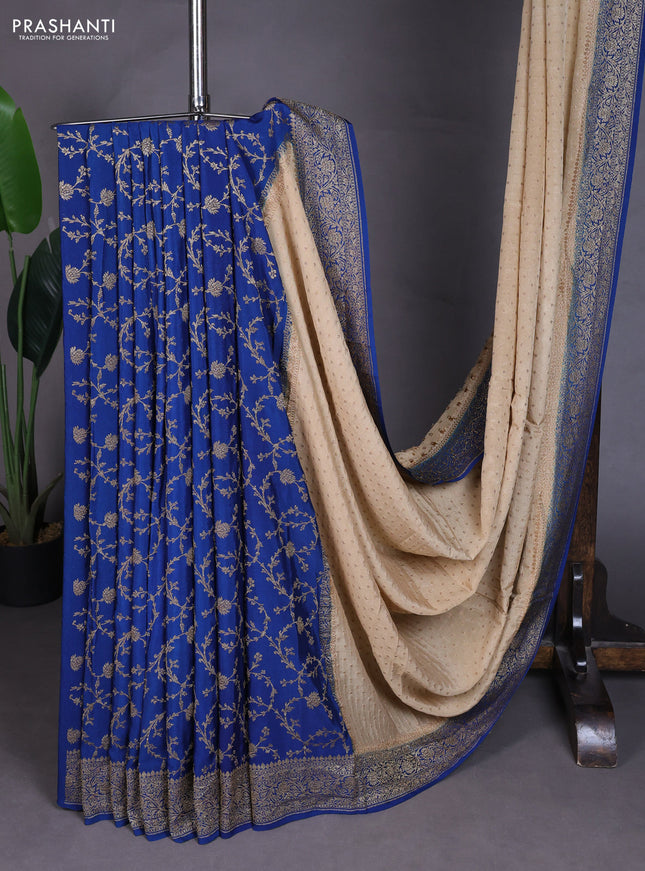 Banarasi crepe partly saree beige and blue with allover thread & zari woven buttas and woven border