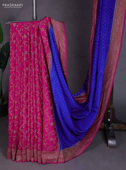 Banarasi crepe partly saree blue and pink with allover thread & zari woven buttas and woven border