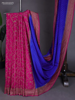 Banarasi crepe partly saree blue and pink with allover thread & zari woven buttas and woven border